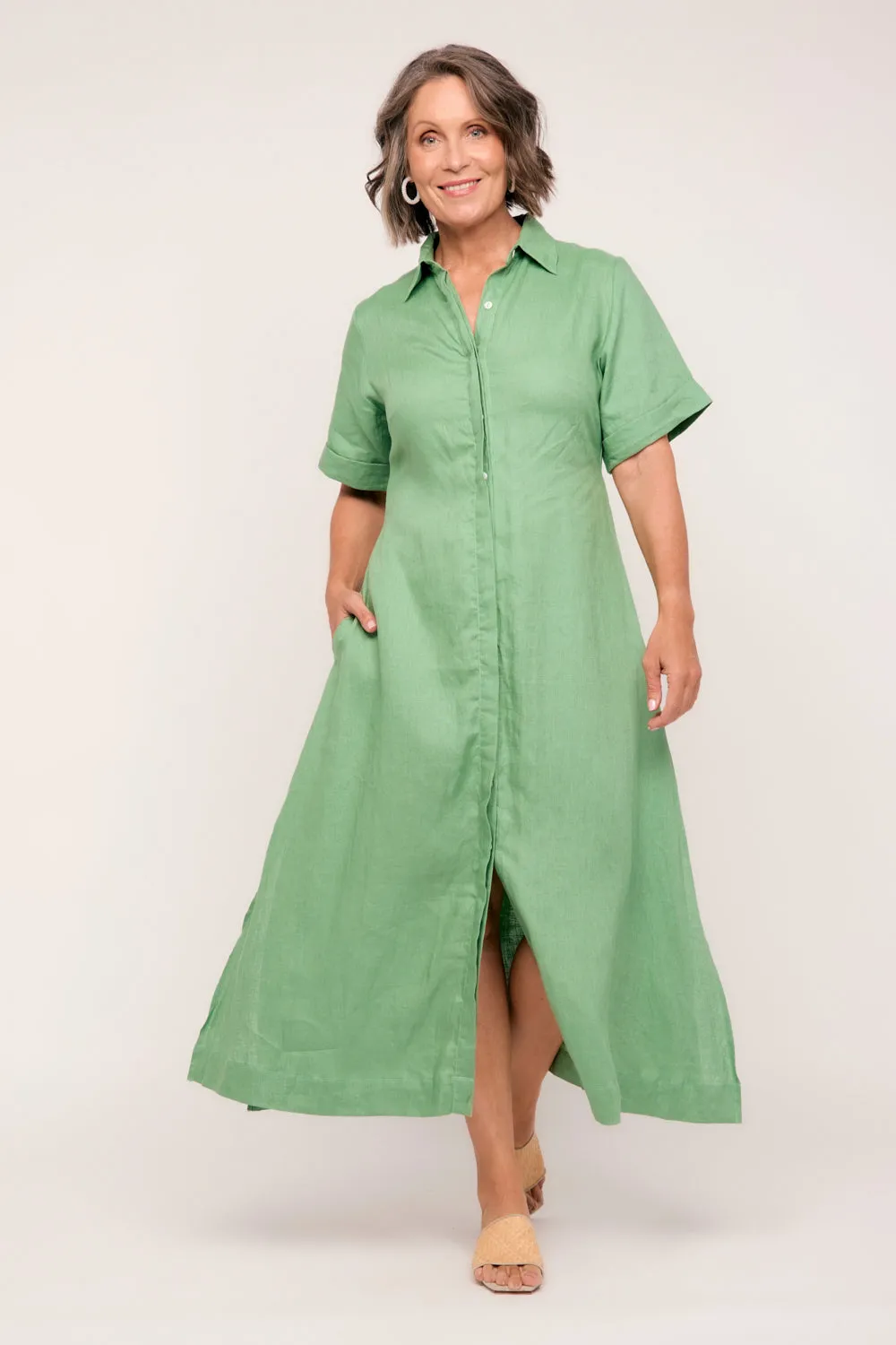 Gracie Linen Short Sleeve Shirt Dress in Jadesheen sold by Adrift product image thumbnail 4