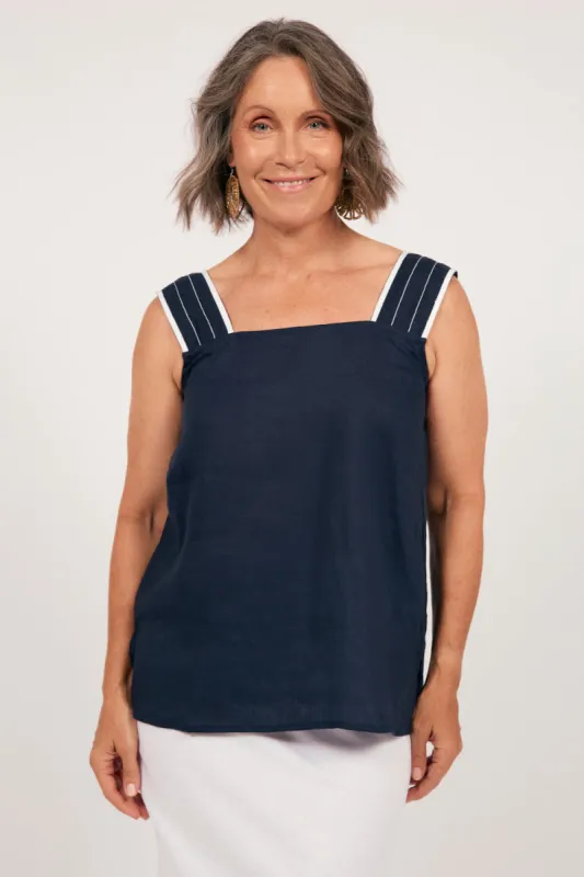 Bec Linen Top in Navy with White Stitching sold by Adrift