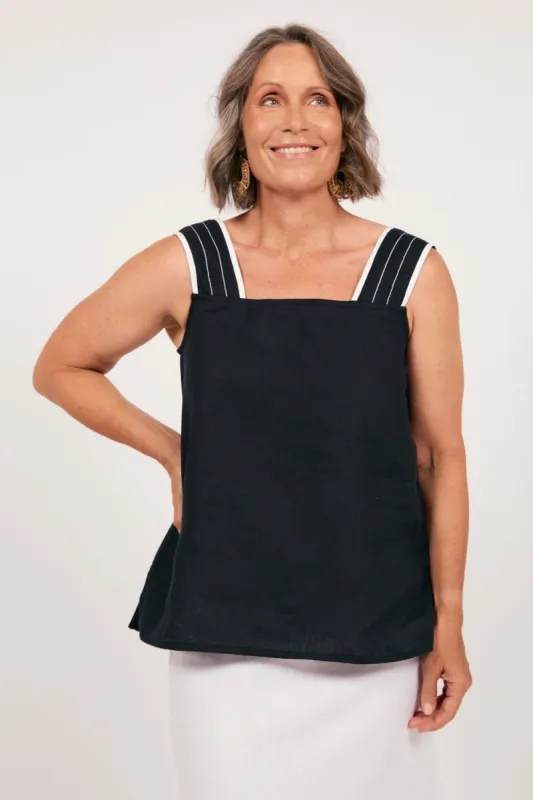 Bec Linen Top in Black with White Stitching sold by Adrift