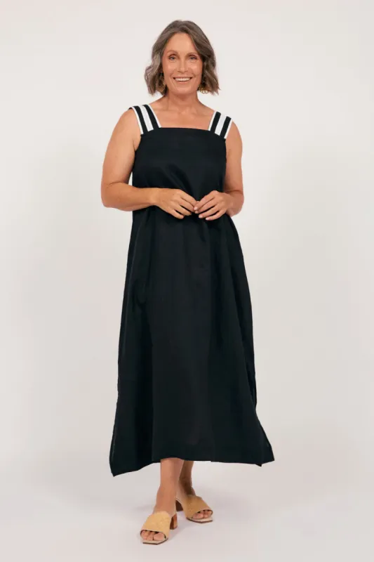 Bec Linen Sundress in Black with White Stitching sold by Adrift