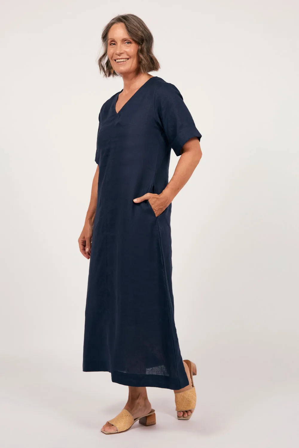 Tamara Linen V-Neck Dress in Navy sold by Adrift product image thumbnail 4
