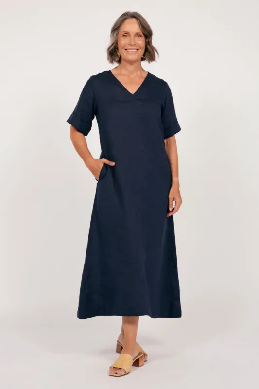 Tamara Linen V-Neck Dress in Navy sold by Adrift