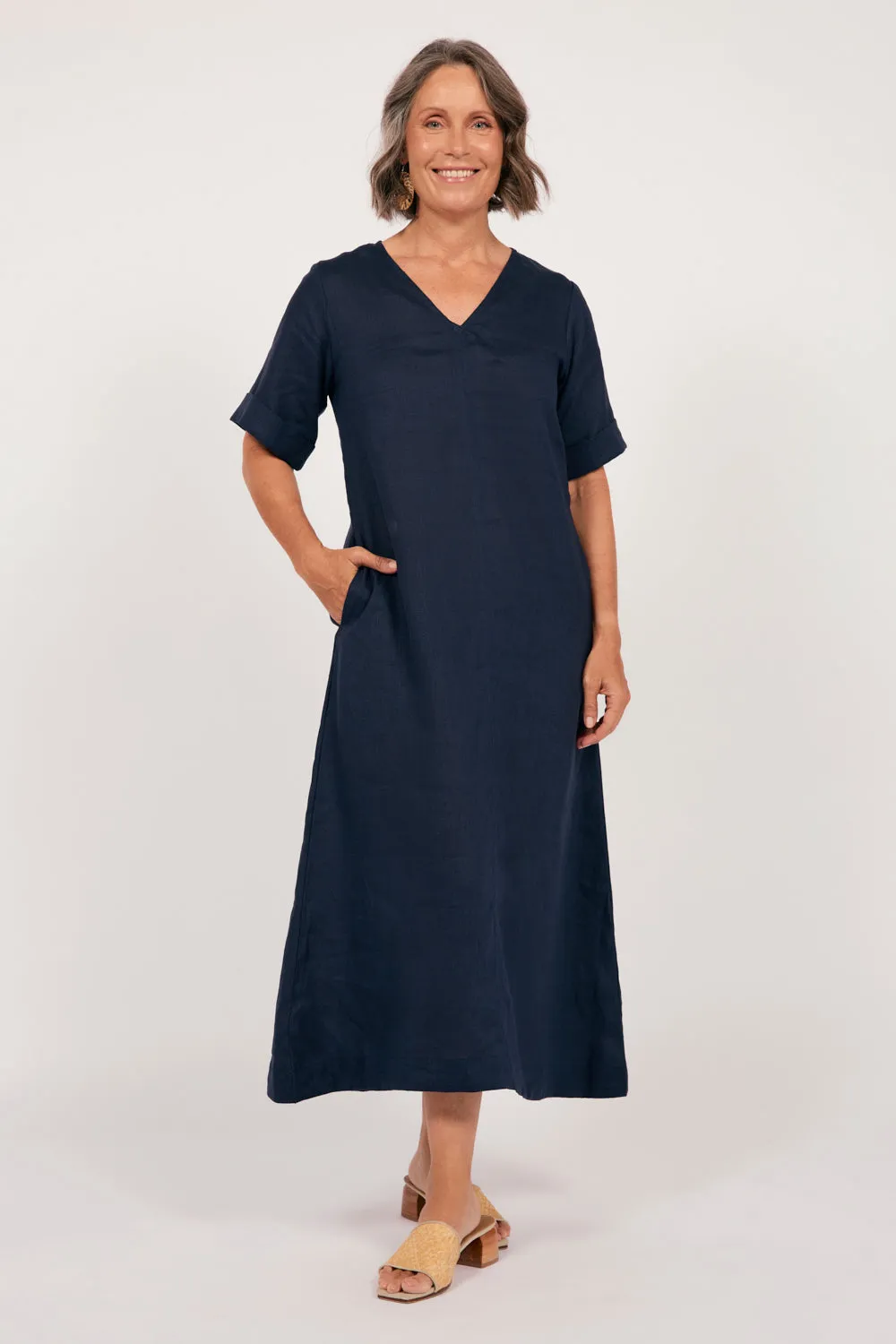 Tamara Linen V-Neck Dress in Navy sold by Adrift