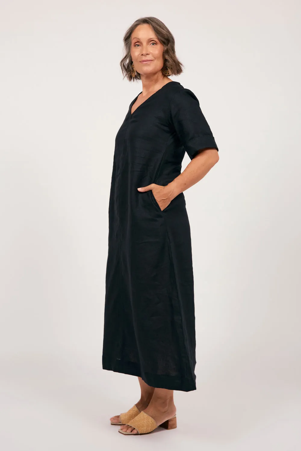 Tamara Linen V-Neck Dress in Black sold by Adrift product image thumbnail 5