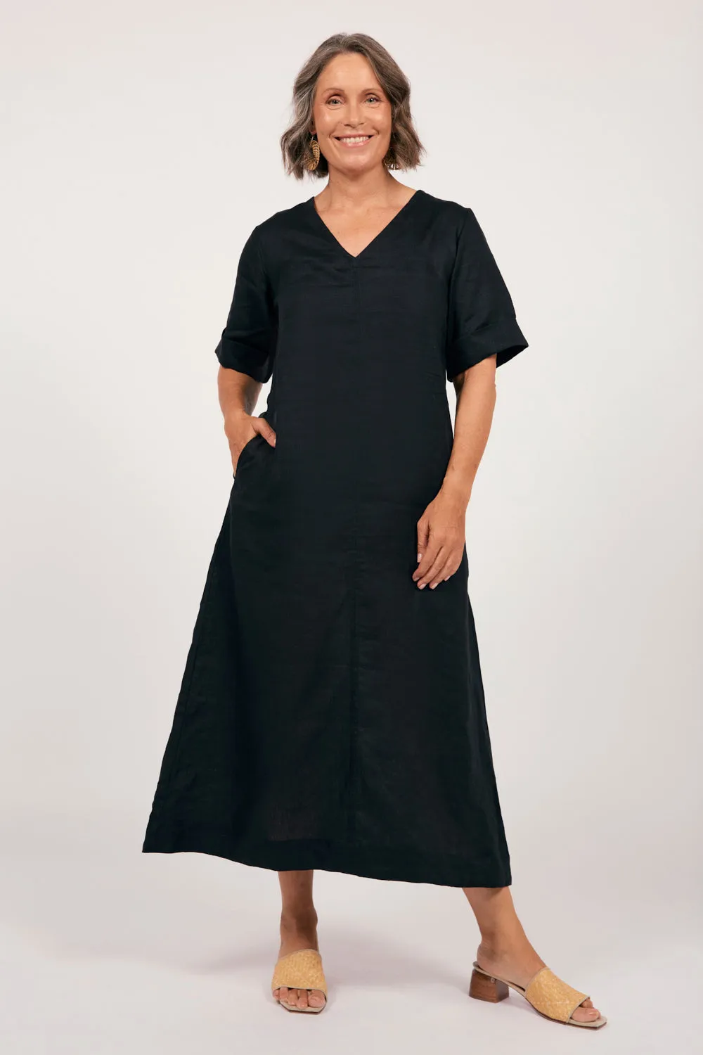 Tamara Linen V-Neck Dress in Black sold by Adrift