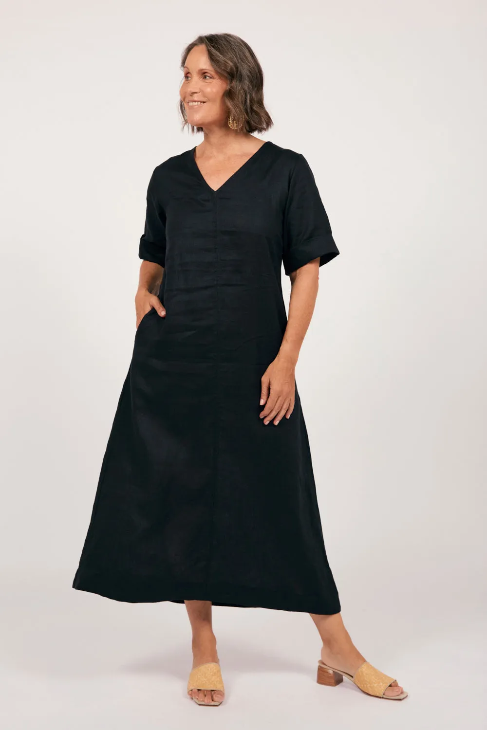 Tamara Linen V-Neck Dress in Black sold by Adrift product image thumbnail 3