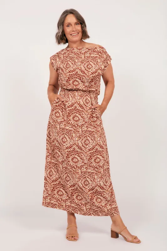 Alice Drop Shoulder Maxi Dress in Liora sold by Adrift