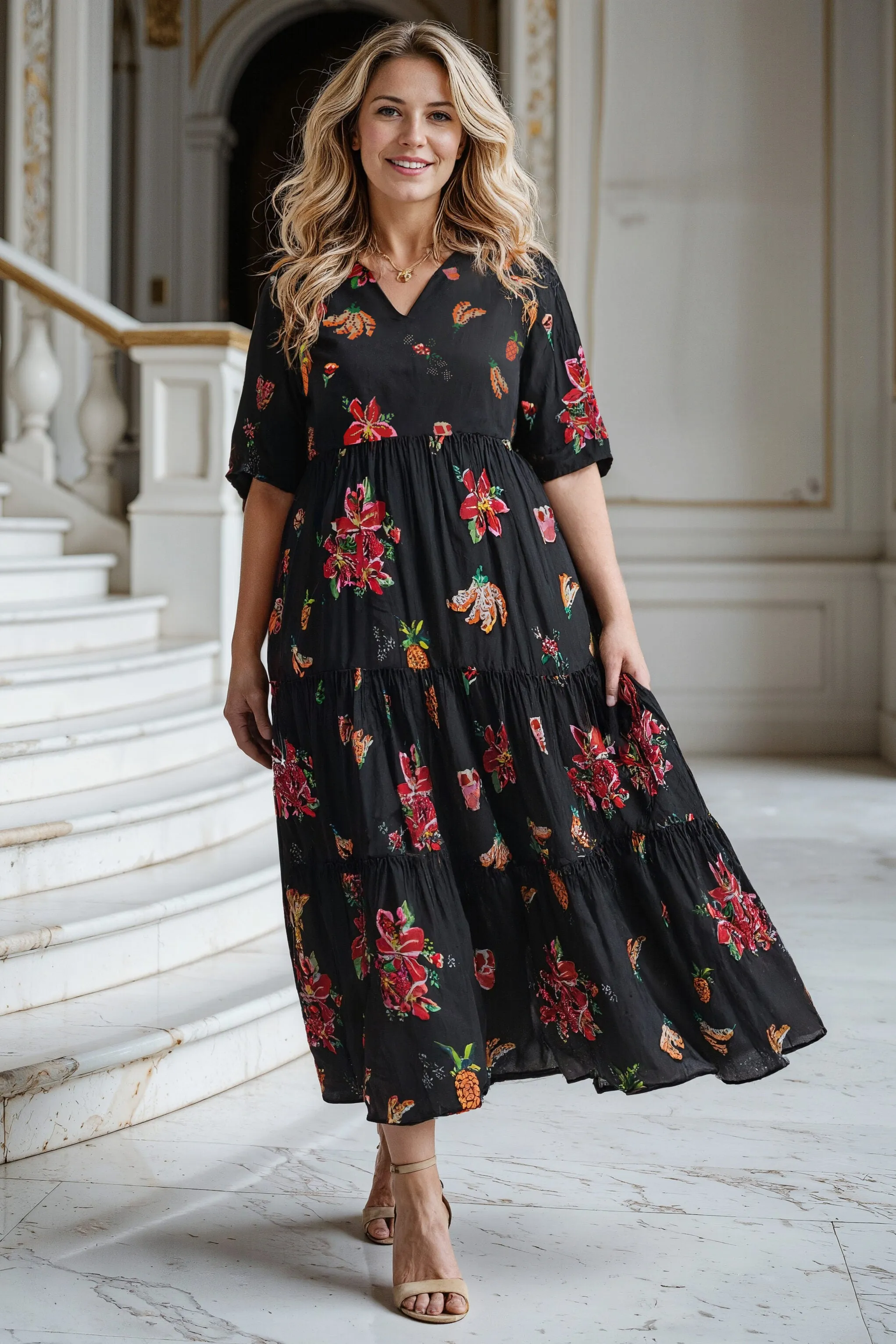 Sabre V-Neck Dress in Tapestry Blooms sold by Adrift