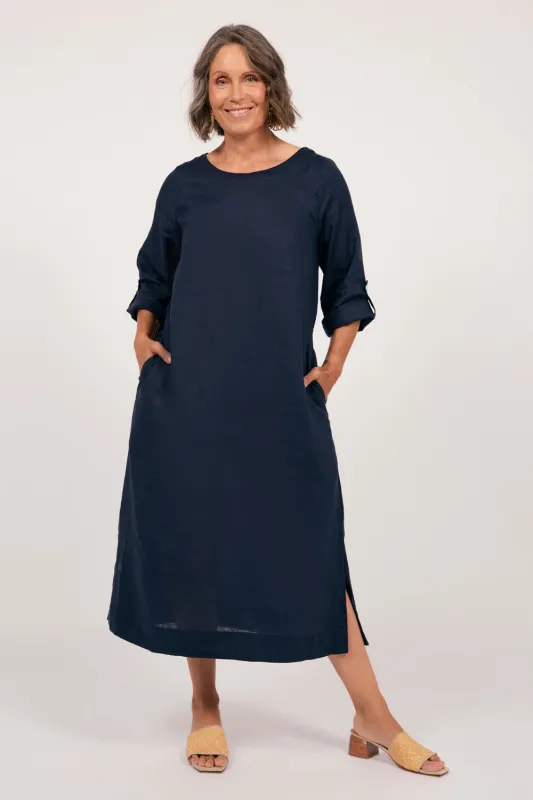Jarla Linen Midi Dress in Navy sold by Adrift