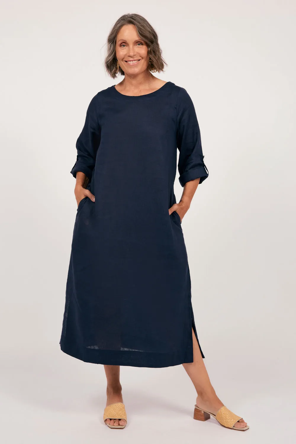 Jarla Linen Midi Dress in Navy sold by Adrift