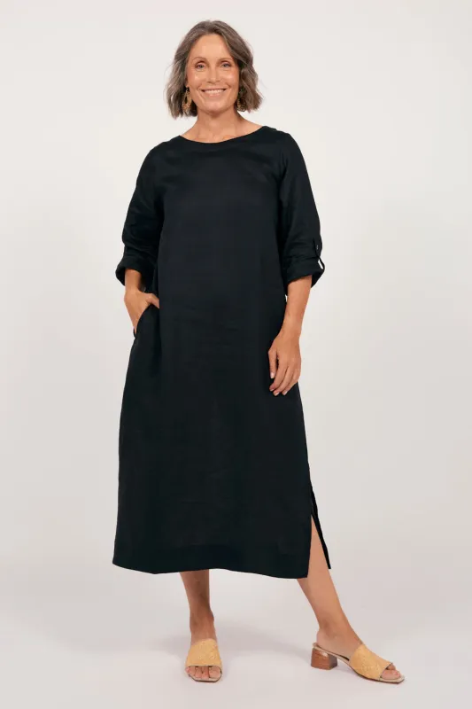 Jarla Linen Midi Dress in Black sold by Adrift