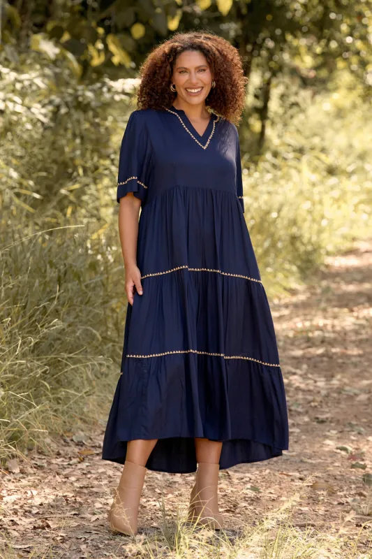 Sabre V-Neck Dress in Navy sold by Adrift