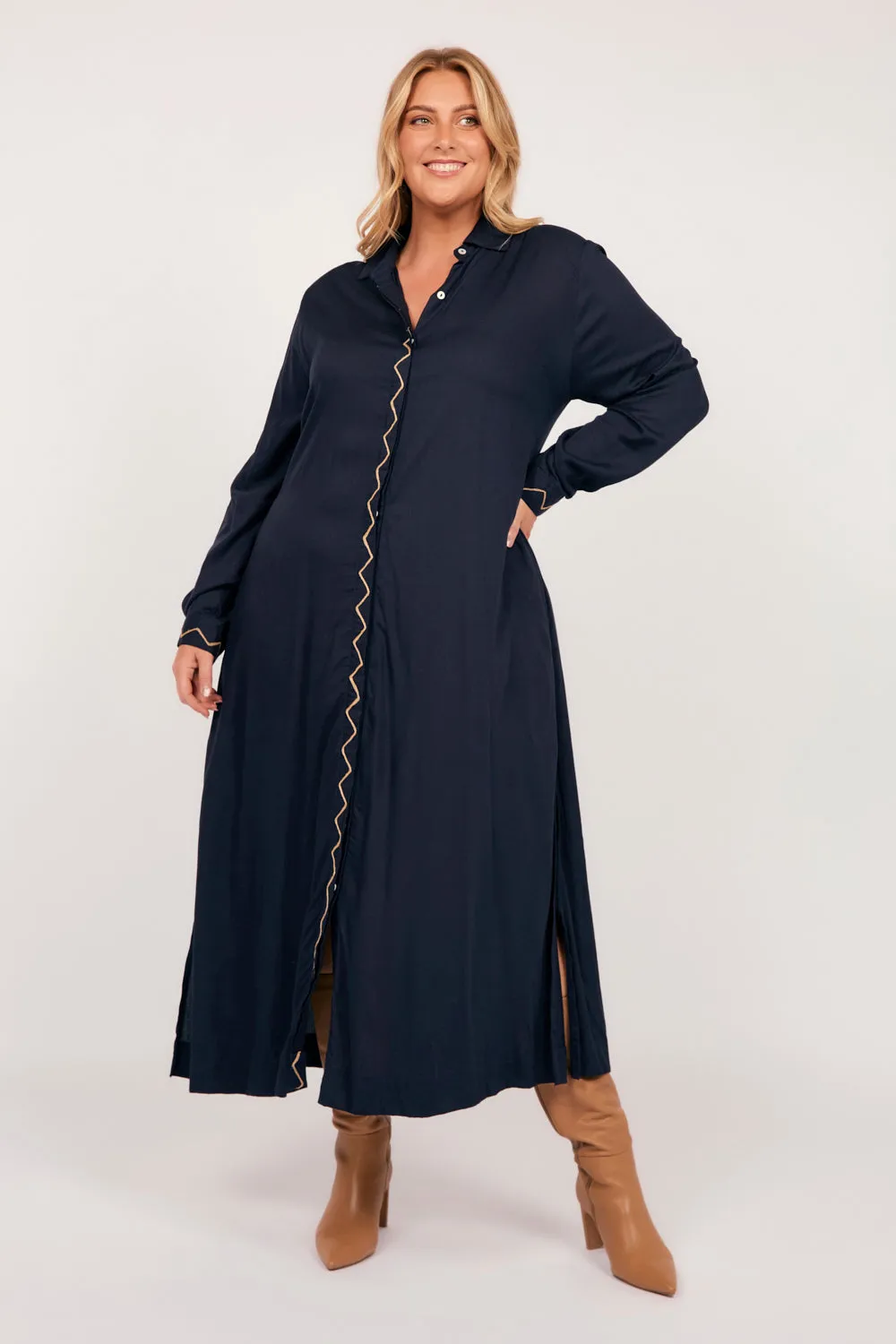 Gracie Long Sleeve Shirt Dress in Navy sold by Adrift