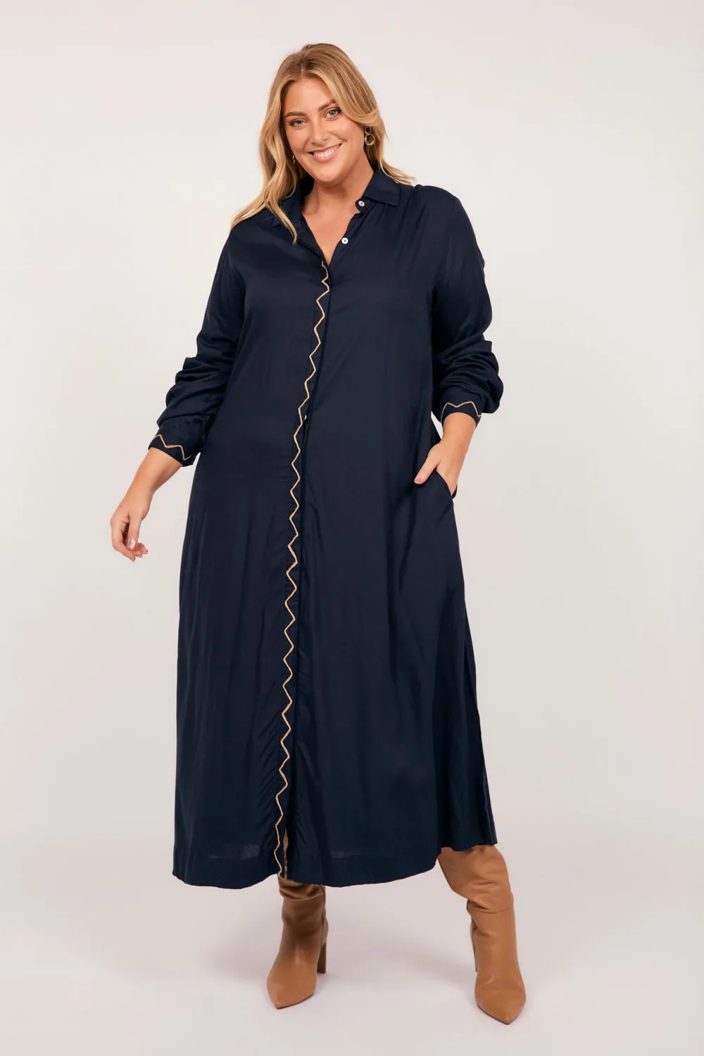 Gracie Long Sleeve Shirt Dress in Navy sold by Adrift product image thumbnail 5