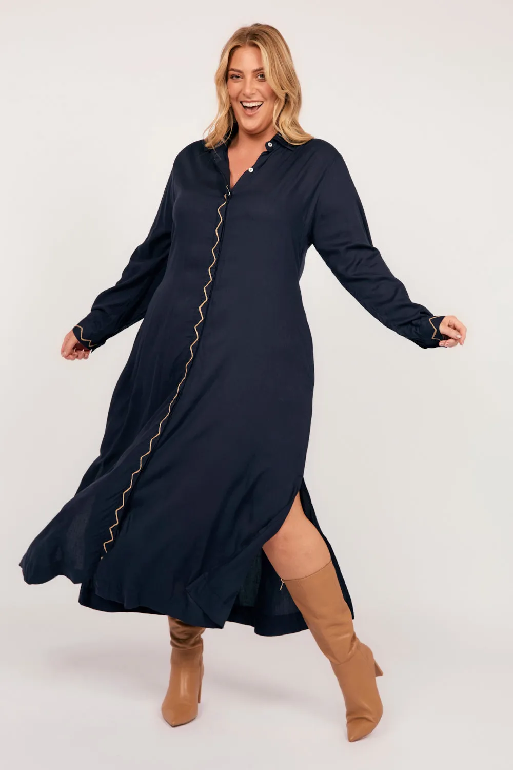 Gracie Long Sleeve Shirt Dress in Navy sold by Adrift product image thumbnail 4