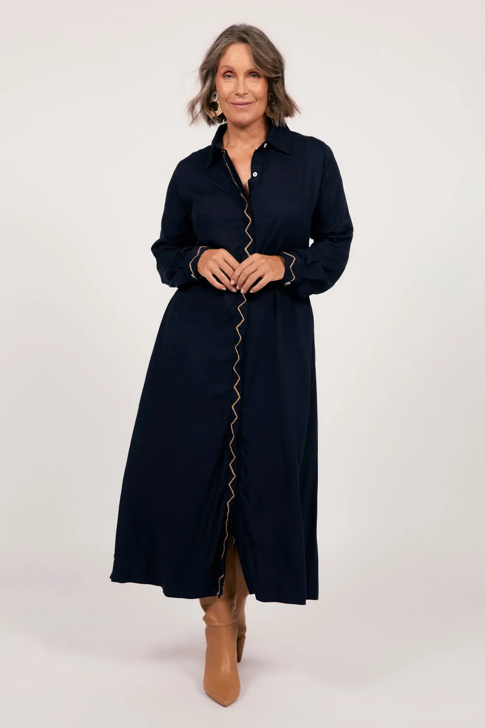 Gracie Long Sleeve Shirt Dress in Navy sold by Adrift product image thumbnail 2