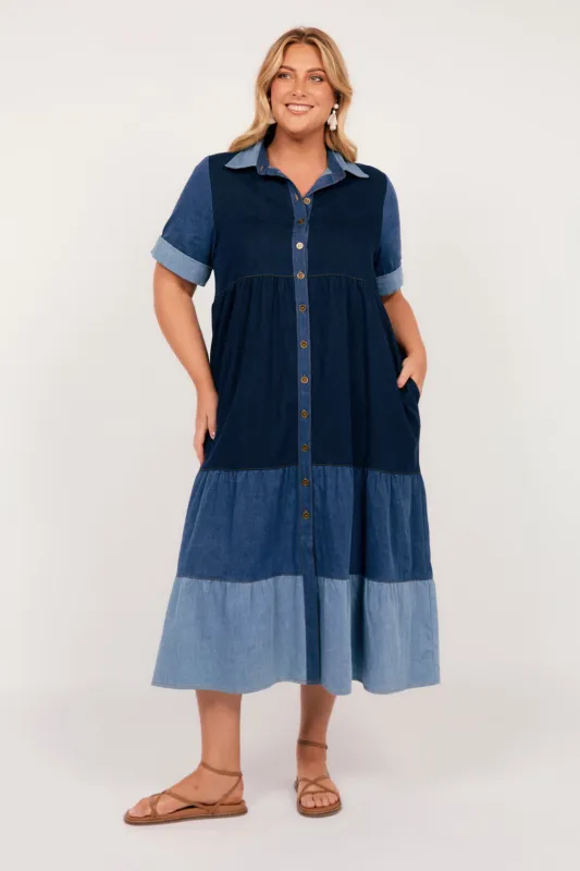 Sabre Denim Collared Dress in Patchwork sold by Adrift