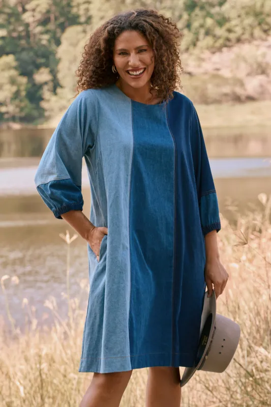 Hazel Denim Shift Dress in Patchwork sold by Adrift