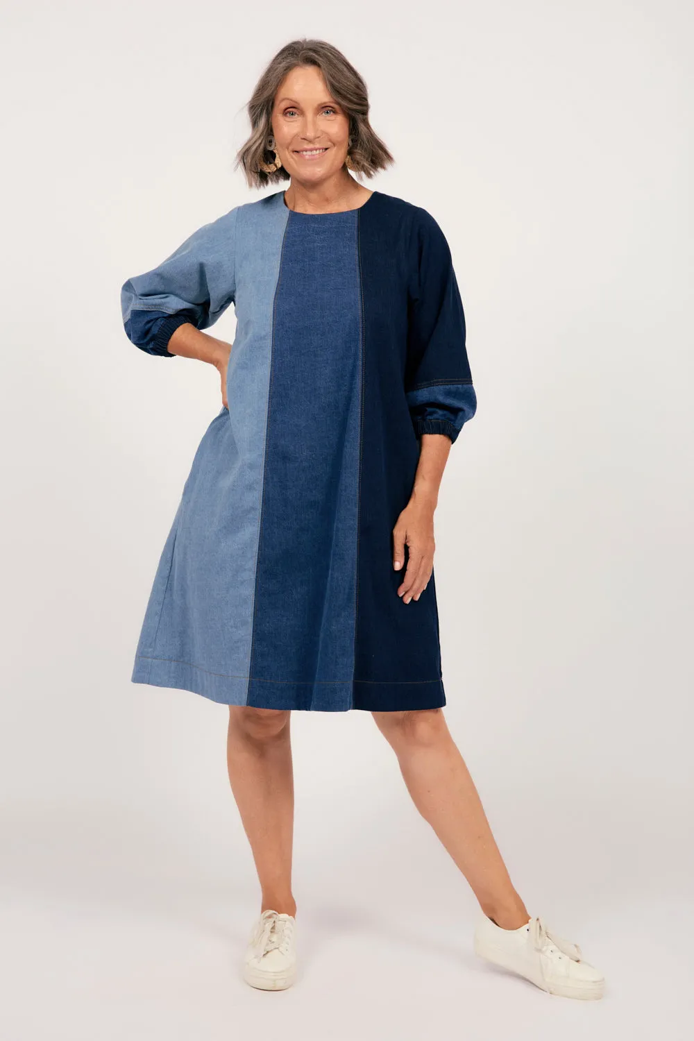Hazel Denim Shift Dress in Patchwork sold by Adrift product image thumbnail 2