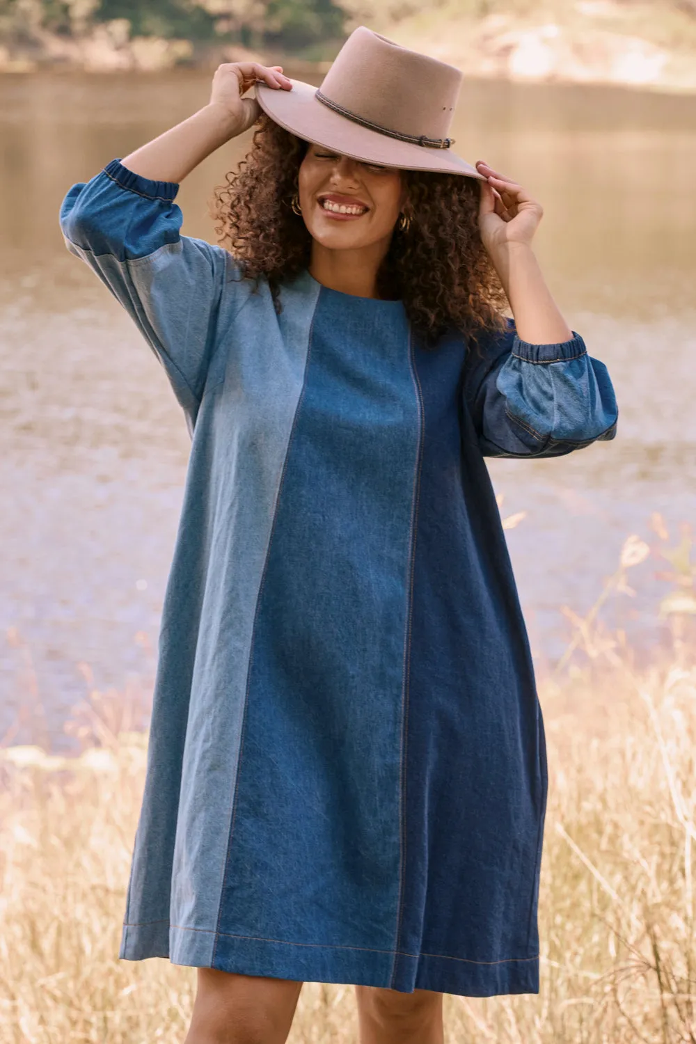 Hazel Denim Shift Dress in Patchwork sold by Adrift product image thumbnail 4