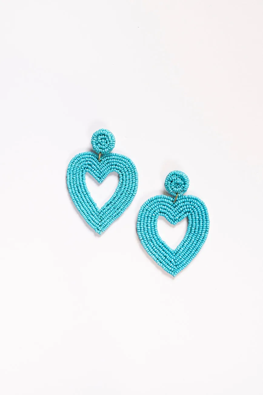 Hollow Heart Beaded Earrings in Turquoise sold by Adrift