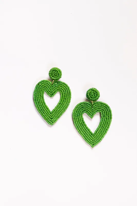Hollow Heart Beaded Earrings in Green sold by Adrift