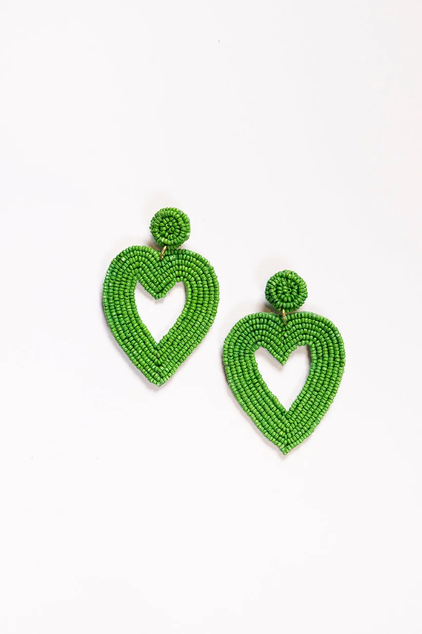 Hollow Heart Beaded Earrings in Green sold by Adrift
