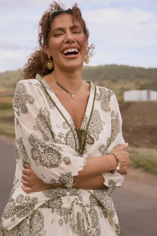 Cairo Boho Blouse in Moroccan Belle Olive sold by Adrift