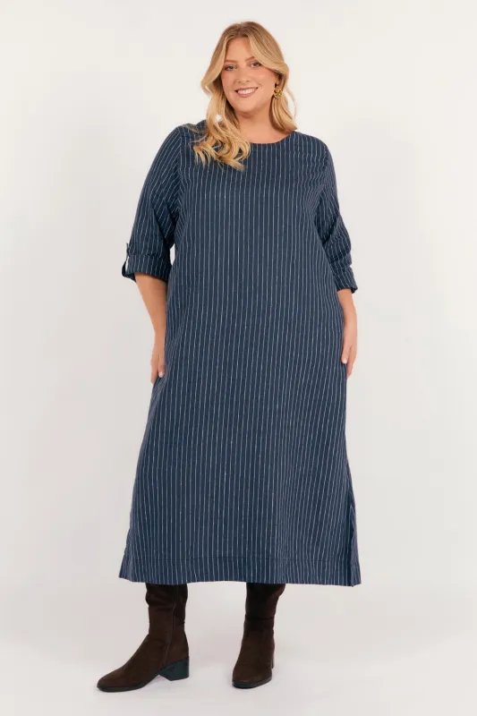 Jarla Linen Midi Dress in Pinstripe sold by Adrift