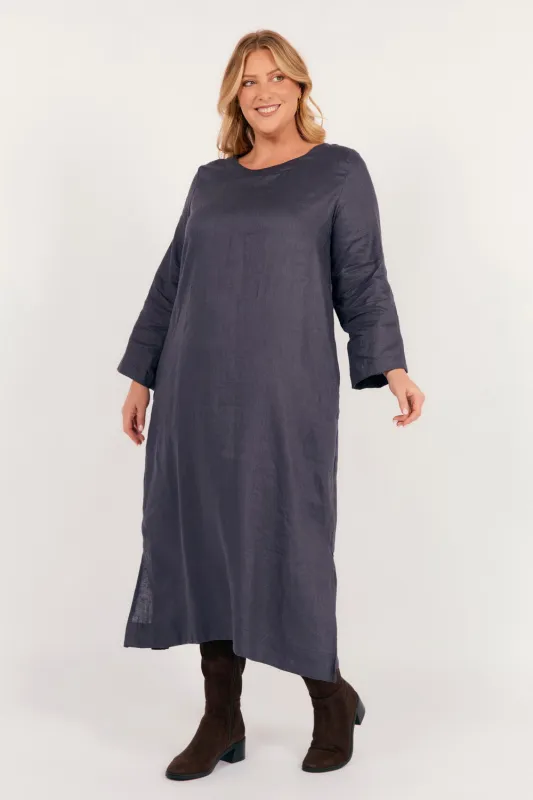 Jarla Linen Midi Dress in Charcoal sold by Adrift