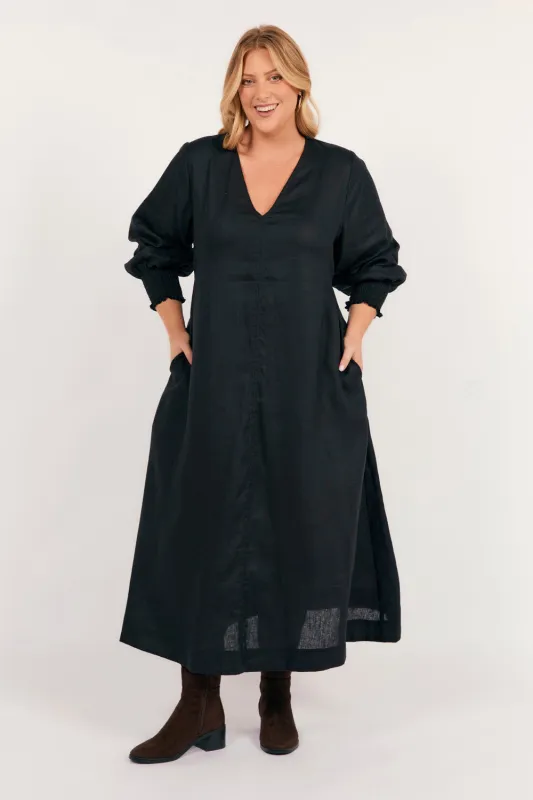 Tamara Long Sleeve Linen Dress in Black sold by Adrift