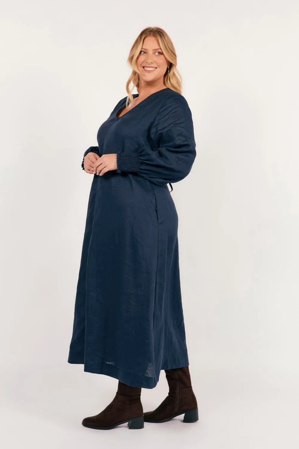 Tamara Long Sleeve Linen Dress in Navy sold by Adrift product image thumbnail 5