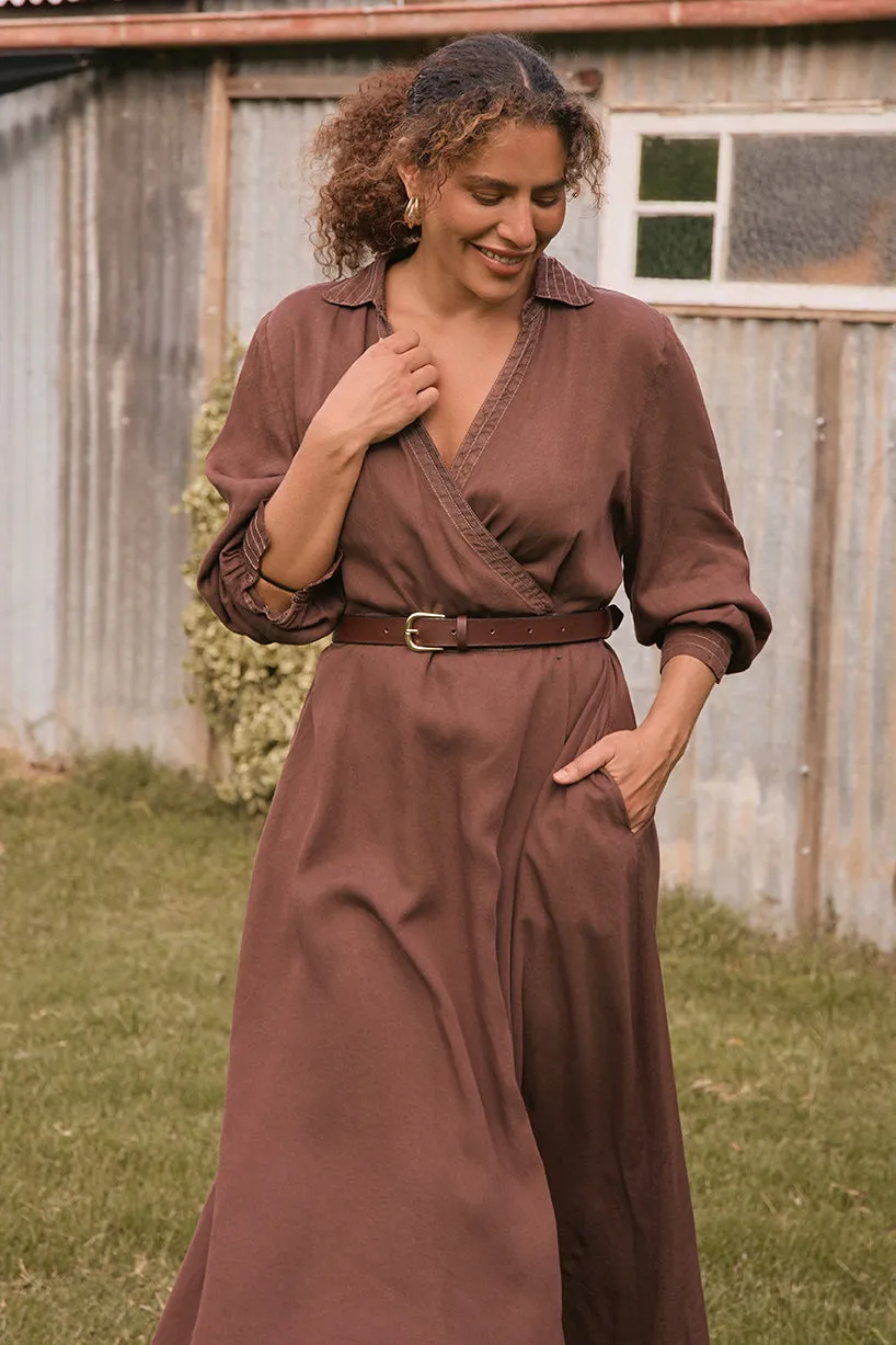Wendy Tencel Wrap Dress in Chocolate sold by Adrift