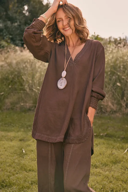 Maggie Tencel Tunic Top in Chocolate sold by Adrift