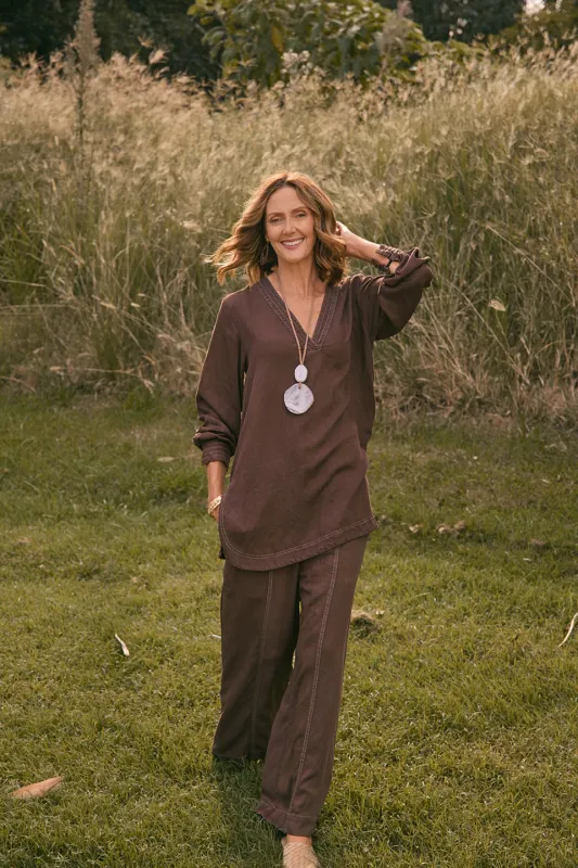 Breezy Tencel Relaxed Pant in Chocolate sold by Adrift