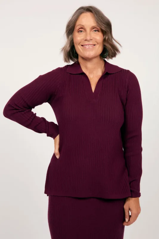 Collared Knitted Top in Plum sold by Adrift