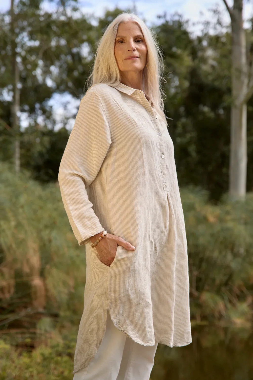 Tess Tunic Shirt Dress in Sable Stripe sold by Adrift