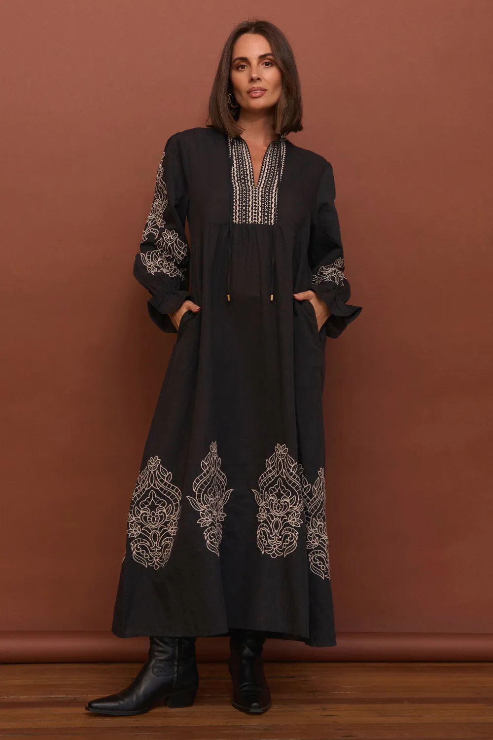 Tanya Embroidered Dress in Midnight sold by Adrift