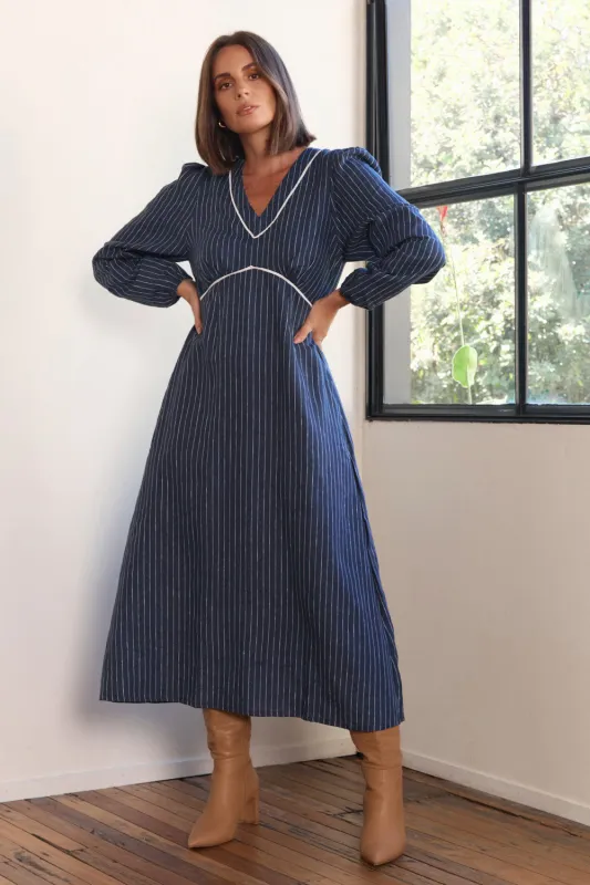 Farrah Long Sleeve Linen Dress in Pinstripe sold by Adrift