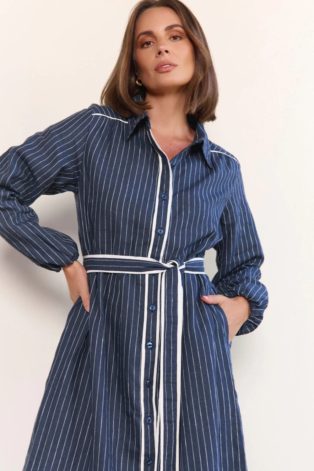 Ginette Collared Linen Dress in Pinstripe sold by Adrift product image thumbnail 3
