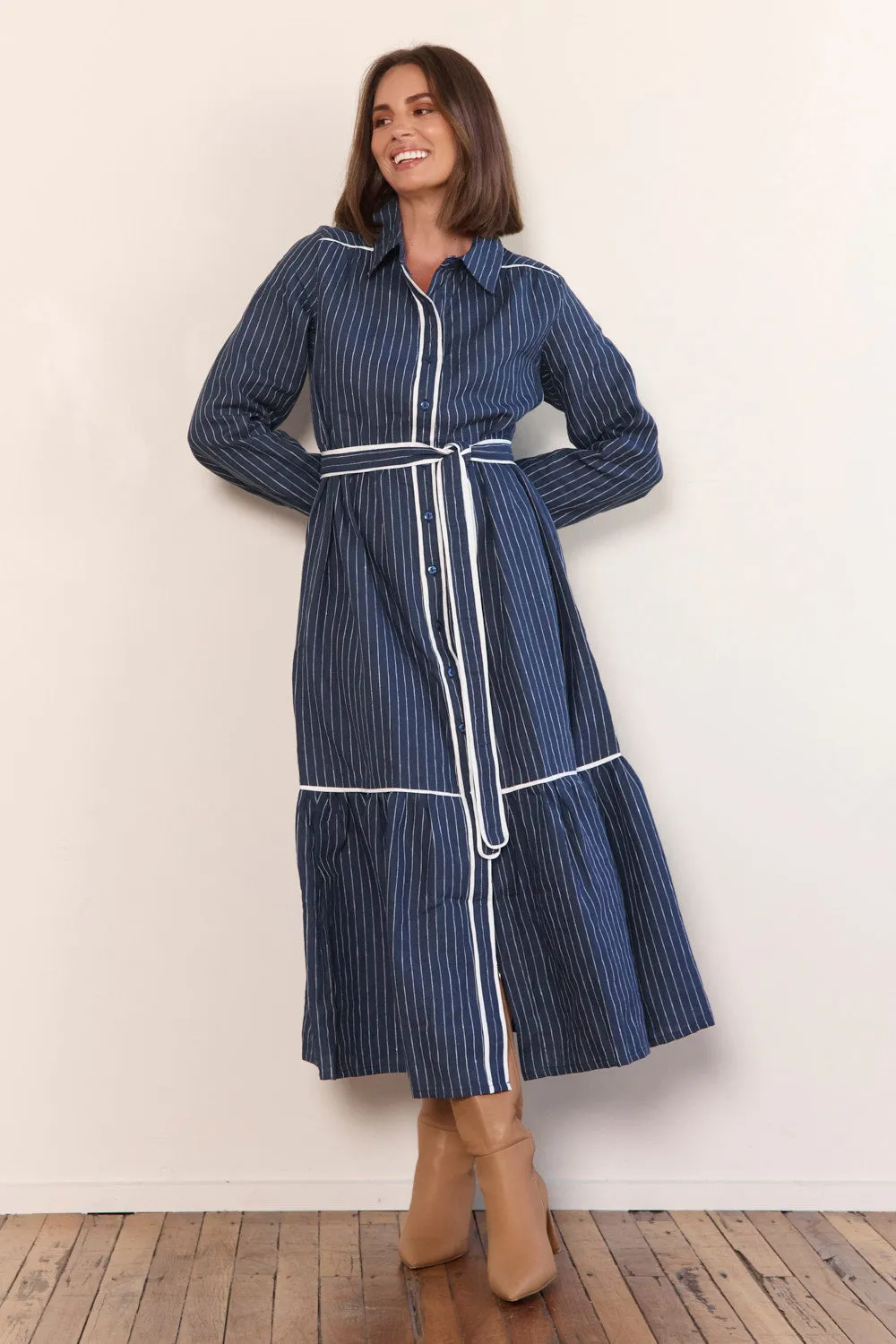 Ginette Collared Linen Dress in Pinstripe sold by Adrift product image thumbnail 2