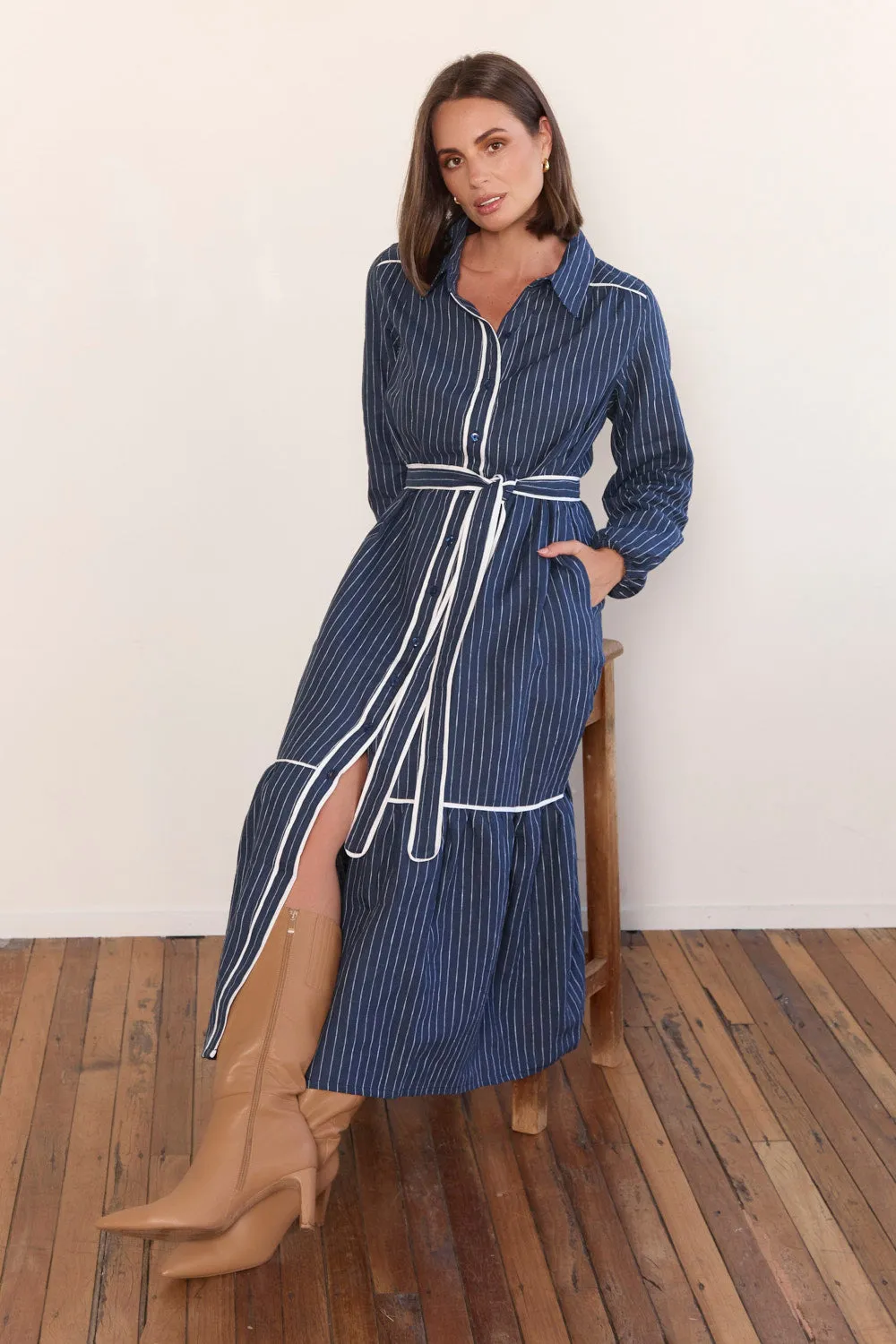 Ginette Collared Linen Dress in Pinstripe sold by Adrift