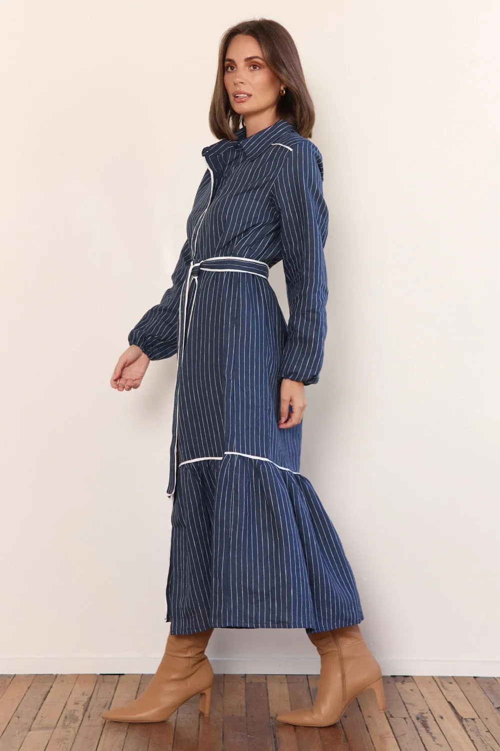 Ginette Collared Linen Dress in Pinstripe sold by Adrift product image thumbnail 4