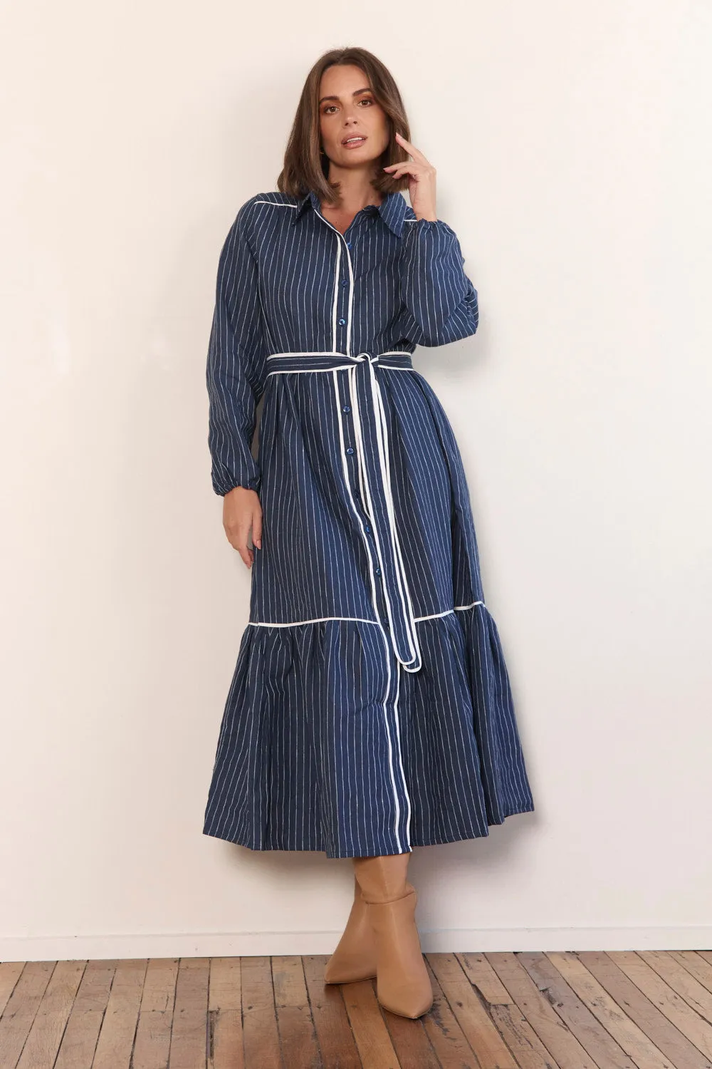 Ginette Collared Linen Dress in Pinstripe sold by Adrift product image thumbnail 5