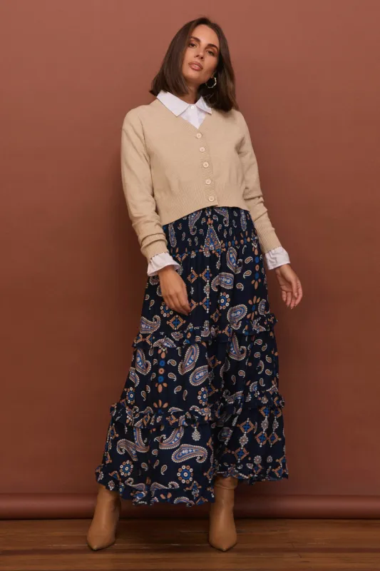 Aaliyah Frill Skirt in Navy Filigree sold by Adrift
