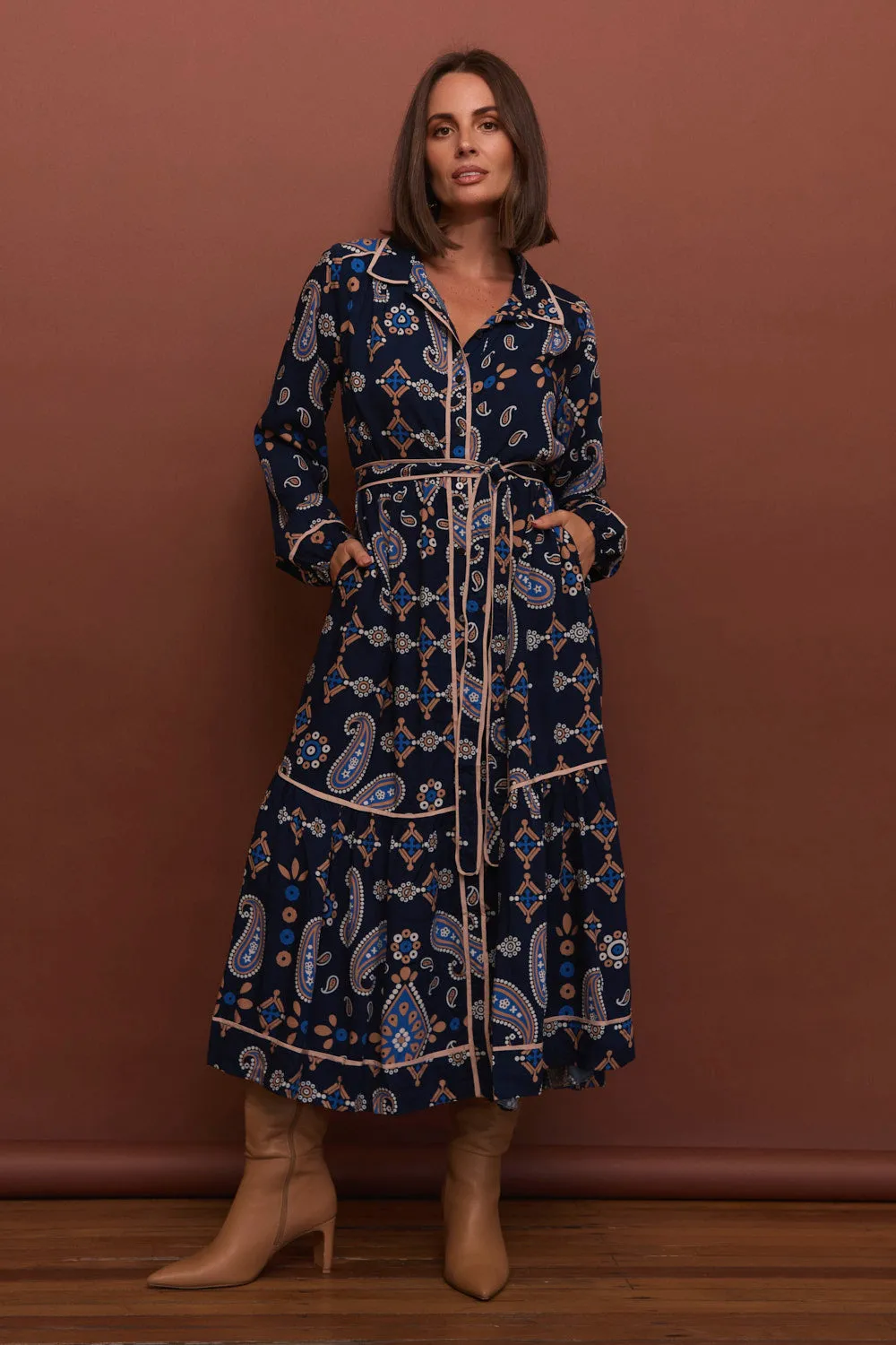 Ginette Long Sleeve Dress in Navy Filigree sold by Adrift