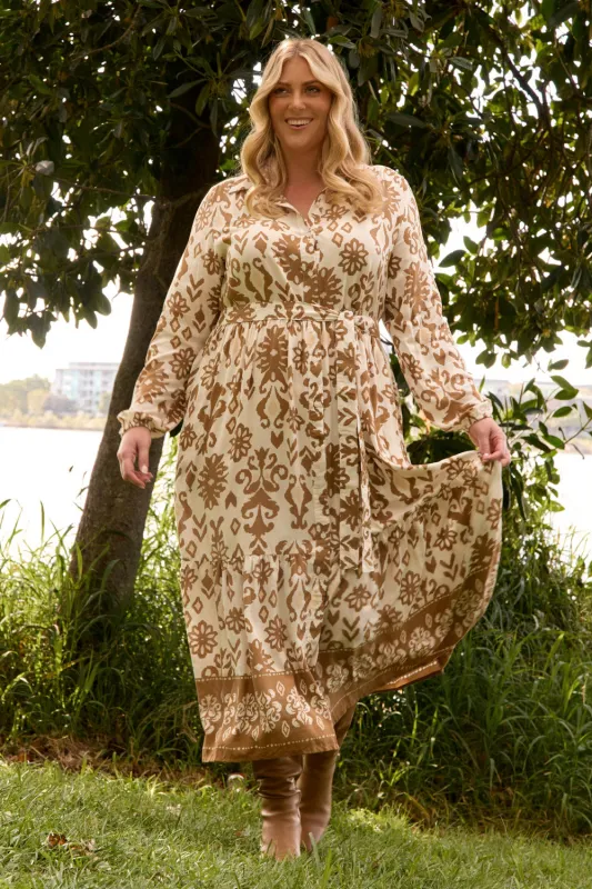 Ginette Collared Dress in Boheme Tan sold by Adrift