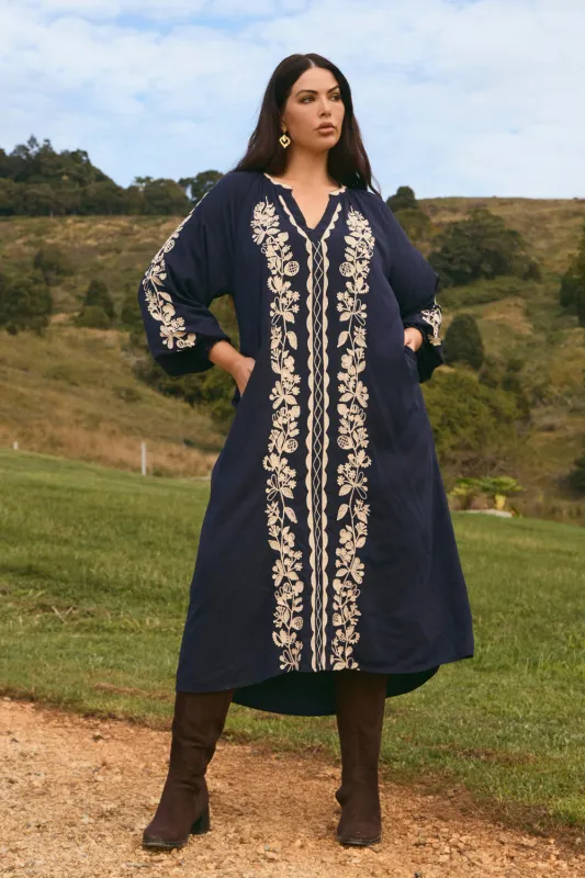 Robin Embroidered Tunic Dress in Midnight Pearl sold by Adrift