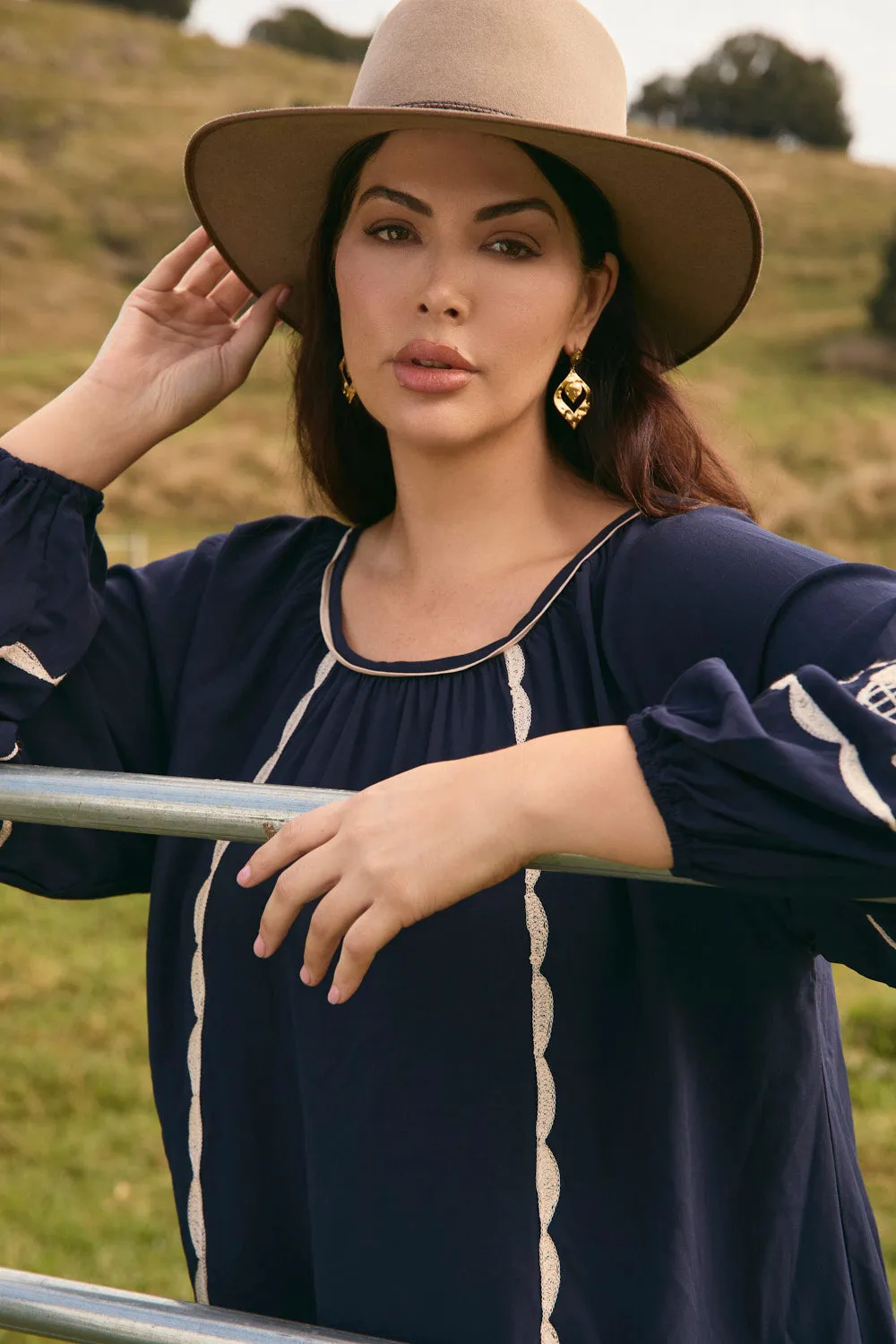 Emila Embroidered Blouse in Midnight Pearl sold by Adrift