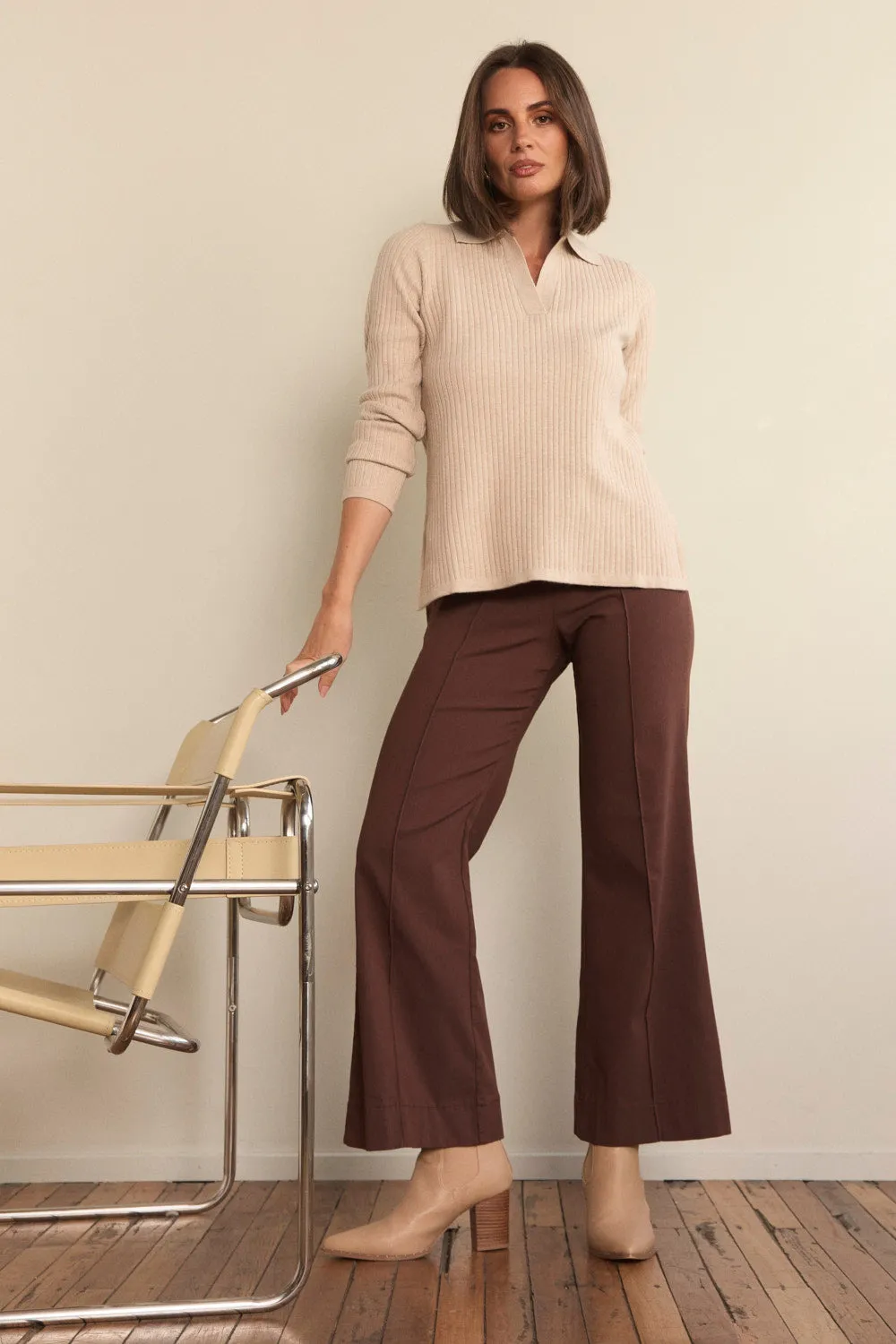 Stretch Wide Leg Pant in Chocolate sold by Adrift